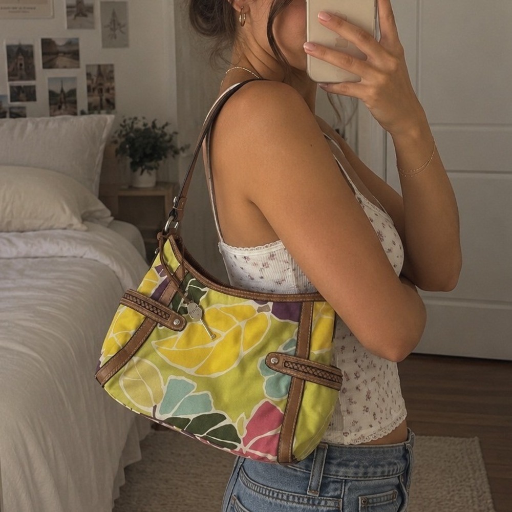 Vintage Fossil Floral Canvas Shoulder Hobo Bag Leather Trim Y2K Cottagecore Boho